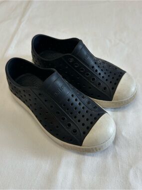 Black Native Slip-On Perforated Rubber Sneakers with White Toe Cap